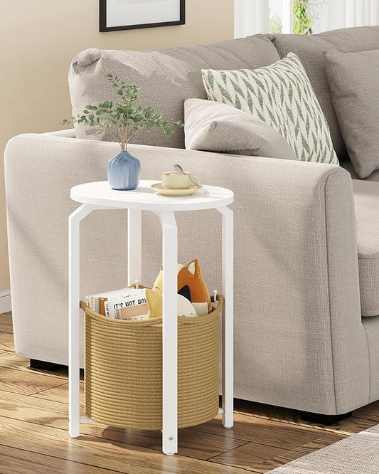 TUTOTAK Small Side Table, Oval End Table, Night Stand, Bedside Table, Set of 2, Sofa Table with Storage Basket, Living Room, Bed Room, White and Beige TB01BWN0932