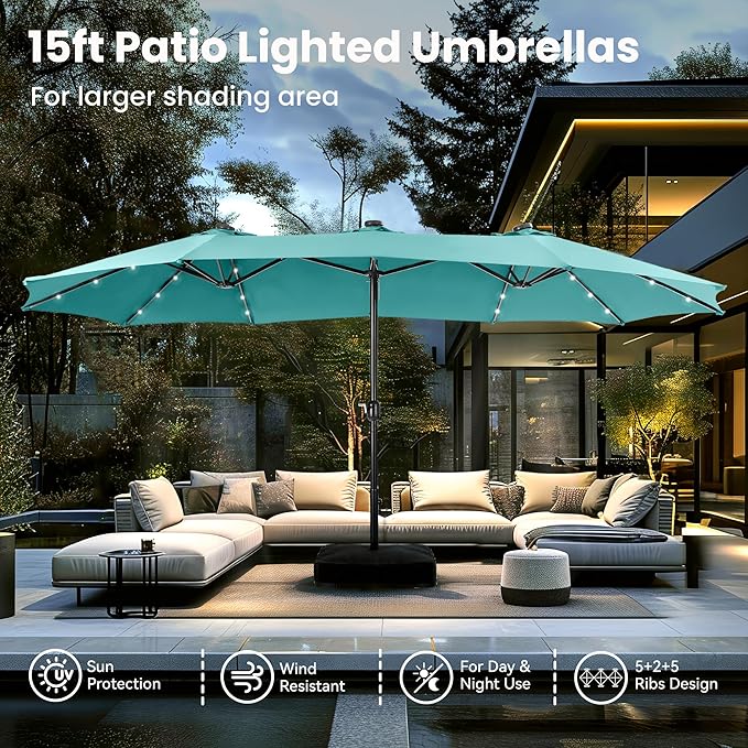 PHI VILLA 15ft Large Patio Umbrella with Solar Lights, Double-Sided Outdoor Market Rectangle Umbrellas with 36 LED Lights, Umbrella Base (Stand) Included, Turquois
