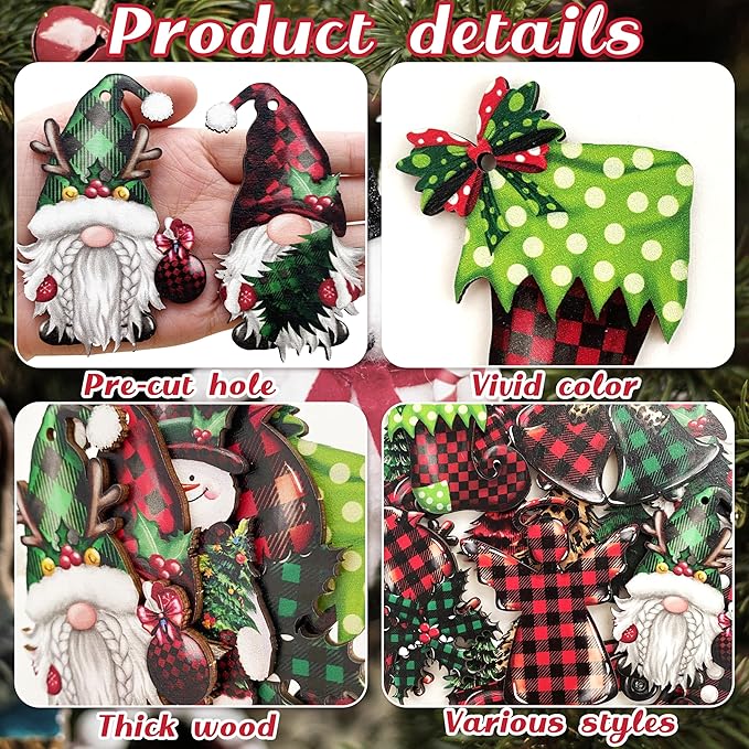 24 Pieces Christmas Wood Ornaments Snowflake Gnome Snowman Truck Wooden Hanging Ornaments Christmas Tree Cutouts Wood Crafts Holiday Decor Xmas Party Supplies (Xmas-Mixed-A)