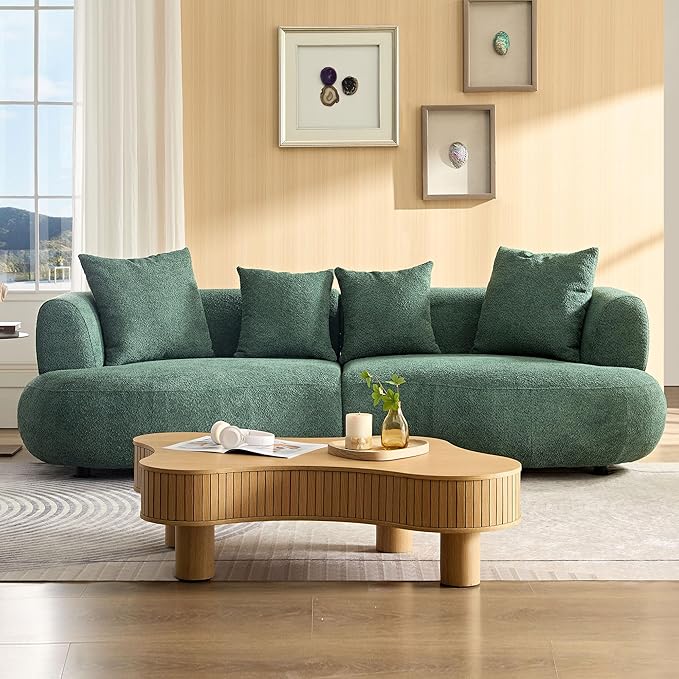 KEIKI 102" Curved Oversized Boucle Modular Sectional Sofa with 4 Throw Pillows, Mid-Century Style 4-Seater Upholstered Corner Plush Comfy Couch, Easy Assembly, for Apartment, Living Room, Green
