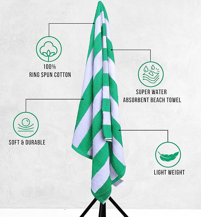 Utopia Towels 4 Pack Cabana Stripe Beach Towel Oversized 100% Ring Spun Cotton Beth Towels Highly Absorbent Quick Dry , Green