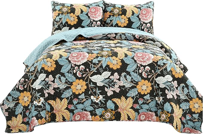 Lush Decor Sydney Reversible Cotton Quilt Set King 3 Piece Bedding, Black Blue