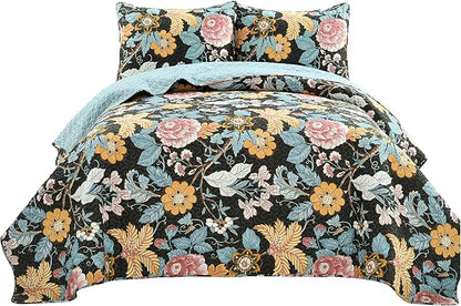 Lush Decor Sydney Reversible Cotton Quilt Set King 3 Piece Bedding, Black Blue