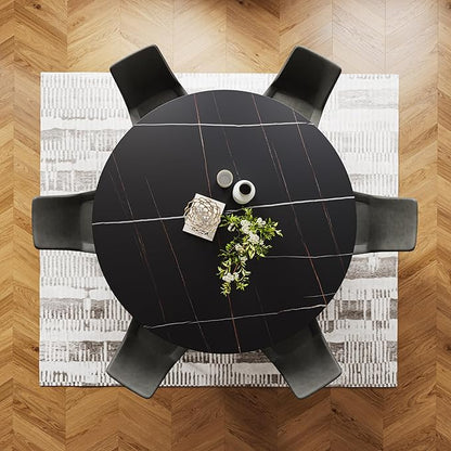 POVISON 47" Round Dining Table for 4, Modern Dining Table Round, Matte Black Sintered Stone Tabletop with Black Carbon Steel Pedestal (Dining Room Table Only)