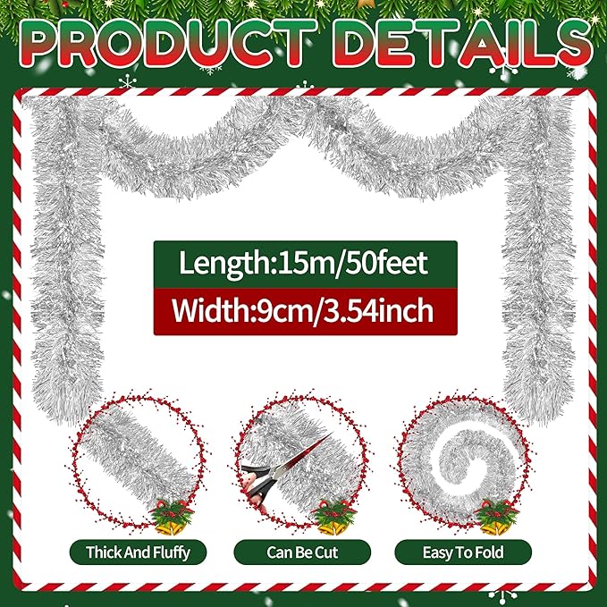 50 Ft Christmas Tinsel Garland Silver Thick Tinsel Garland Xmas Tree Decorations Metallic Tinsel Twist Garland for Christmas, Birthday, Party Decor Indoor Outdoor Party Supplies