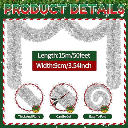 50 Ft Christmas Tinsel Garland Silver Thick Tinsel Garland Xmas Tree Decorations Metallic Tinsel Twist Garland for Christmas, Birthday, Party Decor Indoor Outdoor Party Supplies