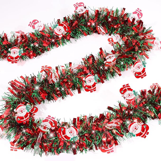 33FT Red Green Christmas Tinsel Garland with Santa Claus Ornaments Christmas Garland Christmas Decorations, Metallic Xmas Tree Garland Indoor Outdoor for Home Mantle Xmas Party Holiday Decor Gift
