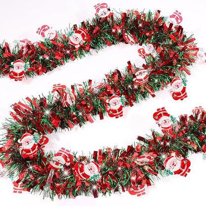 33FT Red Green Christmas Tinsel Garland with Santa Claus Ornaments Christmas Garland Christmas Decorations, Metallic Xmas Tree Garland Indoor Outdoor for Home Mantle Xmas Party Holiday Decor Gift