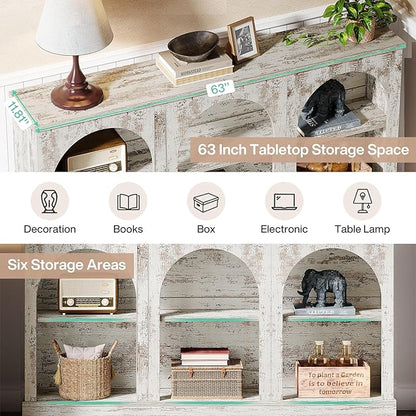 Tribesigns Farmhouse Console Table, 63-Inch Long Entryway Table with 3 Tier Storage, Wooden Rectangular Sofa Table Behind The Couch for Entrance, Hallway, Living Room, Distressed White