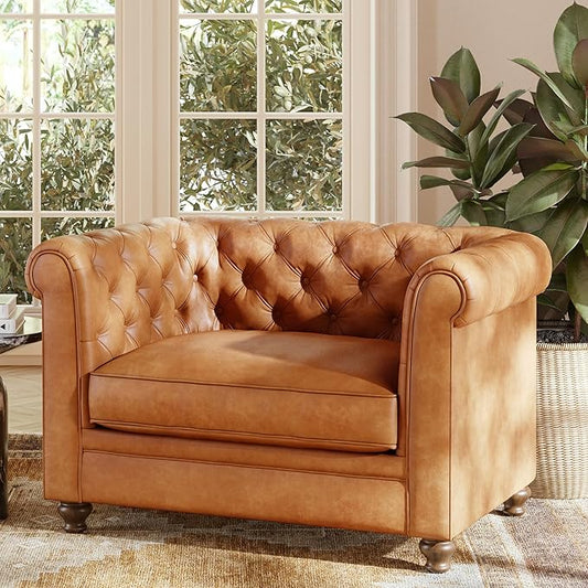 POLY & BARK Lyon Leather Lounge Chairs 49" - Set of 2 - Cognac Tan Full-Grain Leather – Modern Upholstered Accent Chairs for Living Room or Bedroom – Indoor Lounge Seating with Lasting Comfort