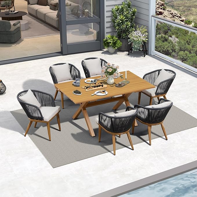 PURPLE LEAF 7 Pieces Patio Dining Table Set with StorageBox Wicker Teak-Finish Outdoor Furniture Rectangular Table and Chairs Set for Garden Deck Backyard Kitchen, Cushions and Pillows Included