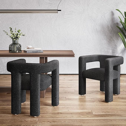 BELLEZE Modern Boucle Barrel Dining Chair Set of 2, Upholstered Linen Kitchen Boucle Armchair with Sidearms and Back, for Dining Room Living Room- Black