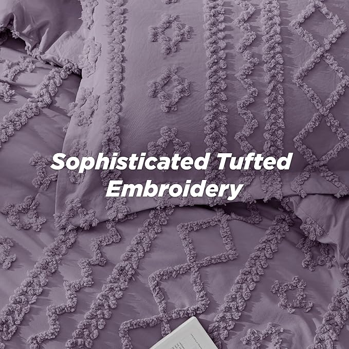 Bedsure Tufted Boho Comforter Set King Size - Grayish Purple Boho Bed Set, GentleSoft™ 3 Pieces Farmhouse Shabby Chic Embroidery Bedding, Gifts for Woman, Soft Jacquard King Comforter for All Seasons