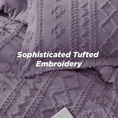 Bedsure Tufted Boho Comforter Set King Size - Grayish Purple Boho Bed Set, GentleSoft™ 3 Pieces Farmhouse Shabby Chic Embroidery Bedding, Gifts for Woman, Soft Jacquard King Comforter for All Seasons