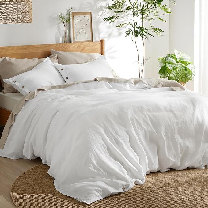 Bedsure Linen Duvet Cover Queen Size - Linen Cotton Blend Bedding Set, Soft & Cozy, 3 Pieces, 1 Duvet Cover 90x90 Inches and 2 Pillowcases, White Color Cooling Bedding, Comforter Sold Separately