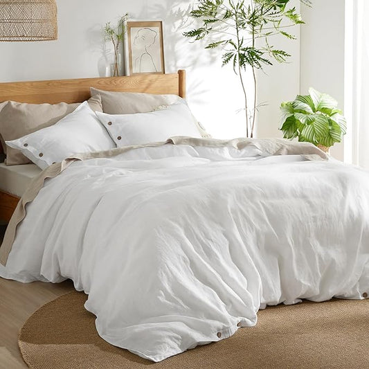 Bedsure Linen Duvet Cover Queen Size - Linen Cotton Blend Bedding Set, Soft & Cozy, 3 Pieces, 1 Duvet Cover 90x90 Inches and 2 Pillowcases, White Color Cooling Bedding, Comforter Sold Separately
