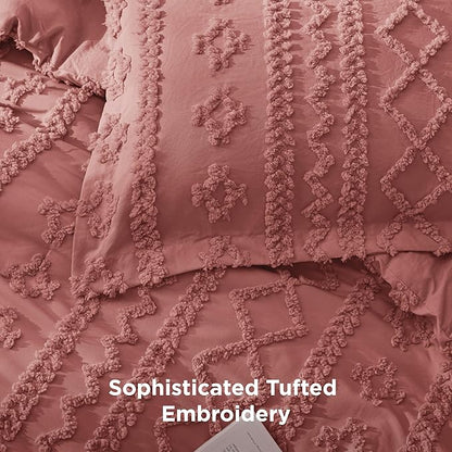 Bedsure Tufted Boho Comforter Set Queen Size - Grayish Pink Boho Bed Set, GentleSoft™ 3 Pieces Farmhouse Shabby Chic Embroidery Bedding, Gifts for Woman, Soft Jacquard Queen Comforter for All Seasons
