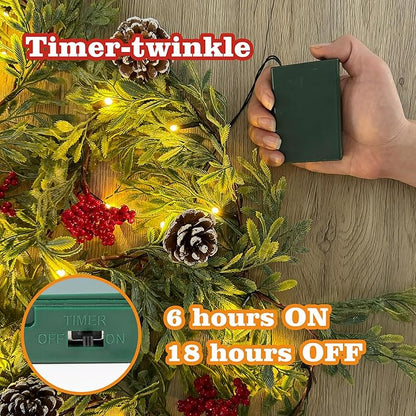 6 FT Artificial Christmas Garland, Faux Cypress Leaf Evergreen Garland with 20 LED Lights, Red Berries and Pinecones, Green-Yellow Leaves, Timer, Perfect for Indoor Outdoor Window Mantel