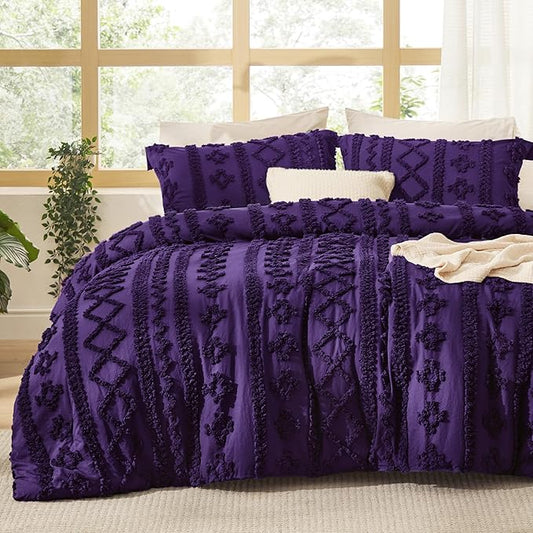 Bedsure Tufted Boho Comforter Set California King - Purple Boho Bed Set, GentleSoft™ 3 Pieces Farmhouse Shabby Chic Embroidery Bedding, Gifts for Woman, Soft Jacquard Comforter for All Seasons