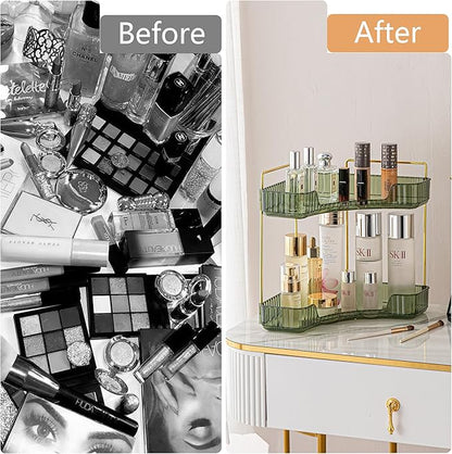 Corner Bathroom Counter Organizer Bathroom Countertop Shelf Makeup Organizer for Vanity Perfume Corner Storage (2 Tiers, Green)