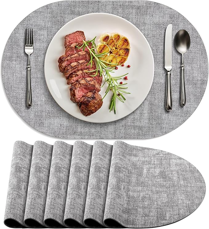 Placemats for Dining Table Set of 6 Non-Slip, Heat Resistant Oval Leather Placemat Double Layer, Waterproof Table Mats Easy to Clean for Kitchen Dining Room Coffee Office Table, Grey