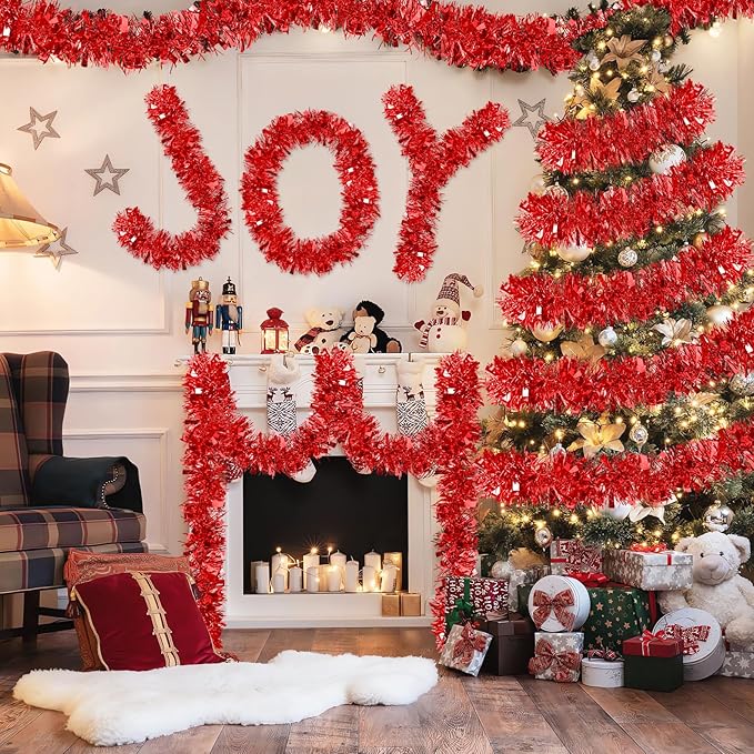 50Ft Christmas Tinsel Garland Red Xmas Tree Decorations Valentine Metallic Glitter Twist Garland for Christmas Decorations Party Anniversary Birthday Holiday Supplies Indoor Outdoor Supplies