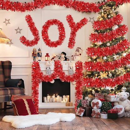 50Ft Christmas Tinsel Garland Red Xmas Tree Decorations Valentine Metallic Glitter Twist Garland for Christmas Decorations Party Anniversary Birthday Holiday Supplies Indoor Outdoor Supplies