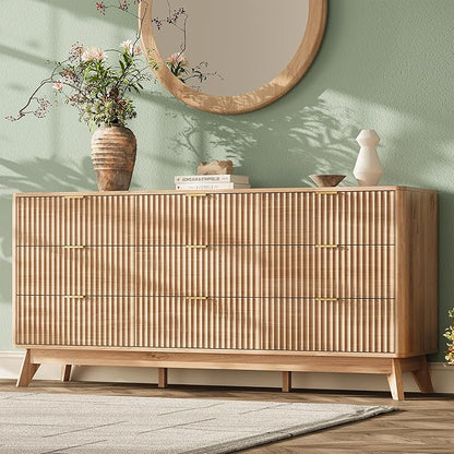 63'' Wide 9 Drawers Dressers for Bedroom, Modern Fluted Chest with Arc Corners, Large Wooden Dresser TV Stand, Wood Closet Clothes Storage Organizer for Living Room, Natural Wood