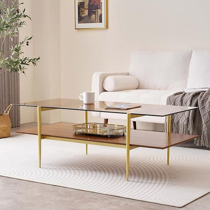 Extra Large Rectangle Glass Coffee Table, Mid-Century Modern Design for Living Room, L47 x W24 x H17, Amber Glass Top and Walnut MDF Shelf, Sleek Conical Metal Legs with Gold Finish