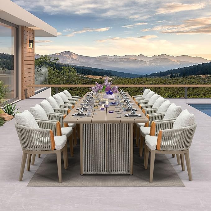PURPLE LEAF Outdoor Dining Table Set of 15, Aluminum Outdoor Patio Table and Chairs Set with Olefin Cushions, Patio Furniture Set for Garden or Deck, Beige
