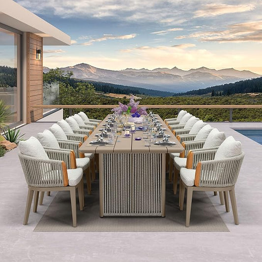 PURPLE LEAF Outdoor Dining Table Set of 15, Aluminum Outdoor Patio Table and Chairs Set with Olefin Cushions, Patio Furniture Set for Garden or Deck, Beige
