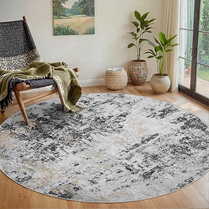 Round Rug 5ft Circle Rug Washable: Carpet Small Circular Area Rug for Entryway Kitchen Bedroom Dining Room Living Room 5 Feet Abstract College Dorm Non Slip Low Pile Black Grey Gold