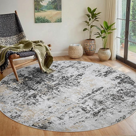 Round Rug 5ft Circle Rug Washable: Carpet Small Circular Area Rug for Entryway Kitchen Bedroom Dining Room Living Room 5 Feet Abstract College Dorm Non Slip Low Pile Black Grey Gold