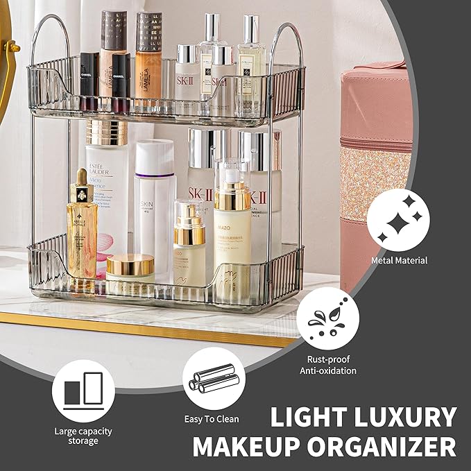2 Tier Bathroom Organizer Countertop Makeup Perfume Skincare Organizer for Bathroom Dresser Vanity (Grey)