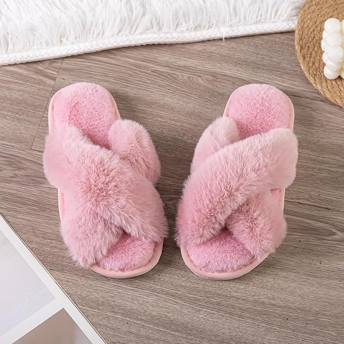 Women's Slipper Memory Foam Cross Band Fuzzy Slippers Open Toe Cozy House Slippers Cozy Plush Bedroom Indoor Outdoor