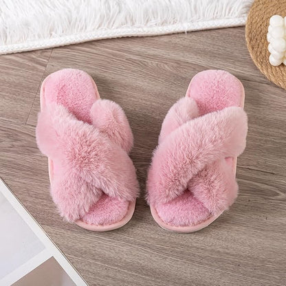 Women's Slipper Memory Foam Cross Band Fuzzy Slippers Open Toe Cozy House Slippers Cozy Plush Bedroom Indoor Outdoor
