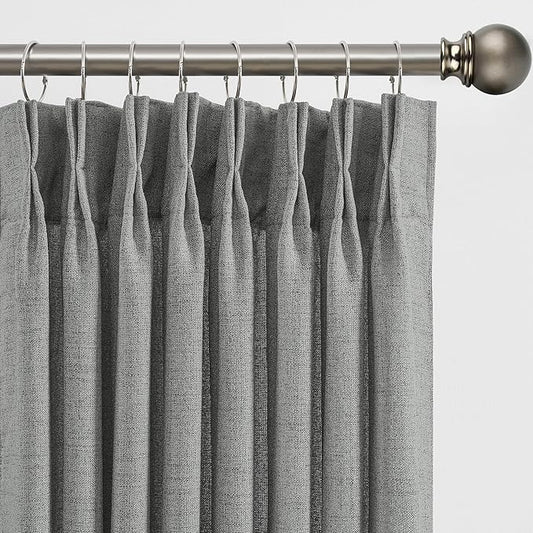 RAIN CITY Grey Linen Curtains 63 Inches Long Pinch Pleated with Hooks 2 Panels, Semi Sheer Textured Light Filtering Window Drapes for Bedroom Back Tab 42x63-in