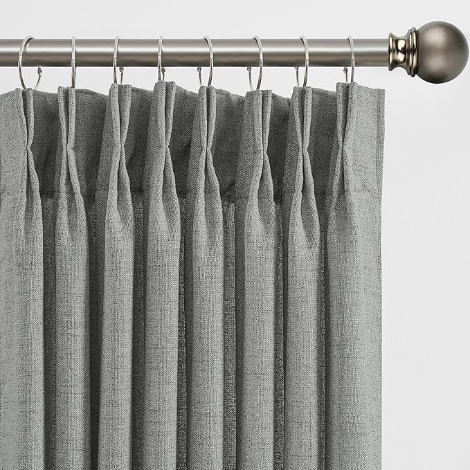 RAIN CITY Grey Linen Curtains 84 Inches Long Pinch Pleated with Hooks 2 Panels, Semi Sheer Textured Light Filtering Window Drapes for Dining Room Bedroom Back Tab 42x84-in