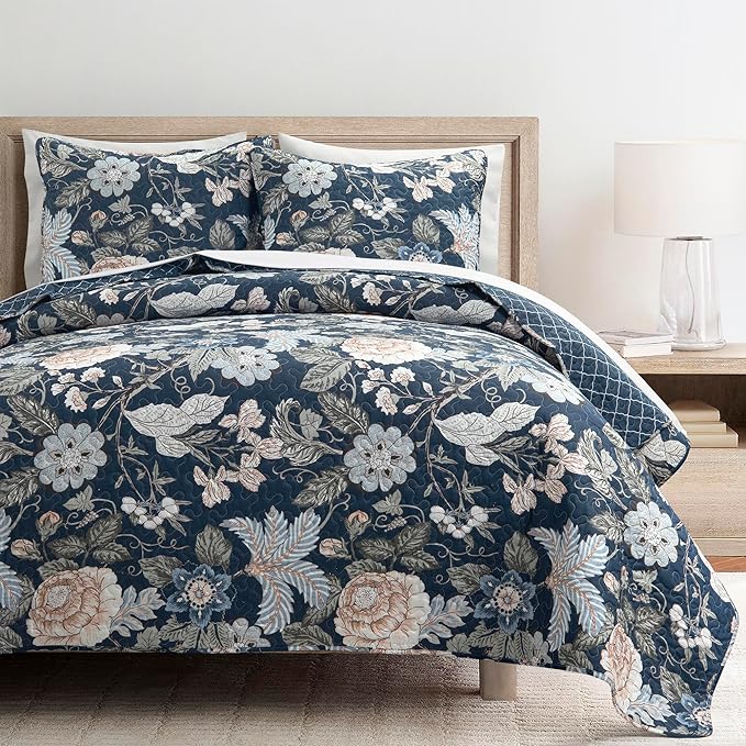 Lush Decor Sydney Reversible Cotton Quilt Set King 3 Piece Bedding, Navy Multi