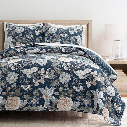 Lush Decor Sydney Reversible Cotton Quilt Set King 3 Piece Bedding, Navy Multi