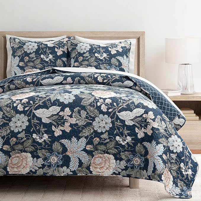 Lush Decor Sydney Reversible Cotton Quilt Set Queen 3 Piece Bedding, Navy Multi
