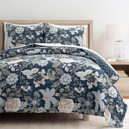 Lush Decor Sydney Reversible Cotton Quilt Set Queen 3 Piece Bedding, Navy Multi