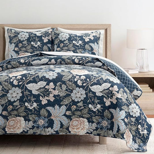 Lush Decor Sydney Reversible Cotton Quilt Set Queen 3 Piece Bedding, Navy Multi