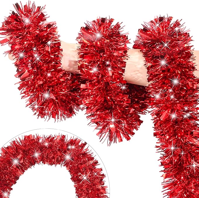50 Feet Red Christmas Tinsel Garland for Christmas Tree Decorations, Xmas Metallic Twist Shiny Hanging Garland Decor for Mantle Stairs Fireplace Home Holiday Indoor Outdoor