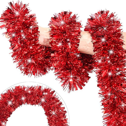 50 Feet Red Christmas Tinsel Garland for Christmas Tree Decorations, Xmas Metallic Twist Shiny Hanging Garland Decor for Mantle Stairs Fireplace Home Holiday Indoor Outdoor
