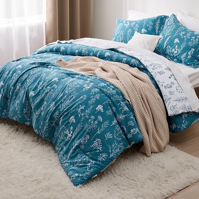 Bedsure Full Comforter Set - Teal Blue Bed Set, 3 Pieces Cute Floral Bedding, 1 Soft Reversible Botanical Flowers Comforter and 2 Pillow Shams