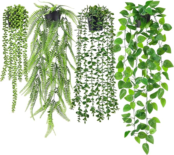 Der Rose 4Pcs Fake Plants Hanging Artificial Ivy Vine Faux Eucalyptus Hanging Plants, Boston Fern, String of Pearls for Living Room Bedroom Boho Wall Shelf Indoor Outdoor Decor
