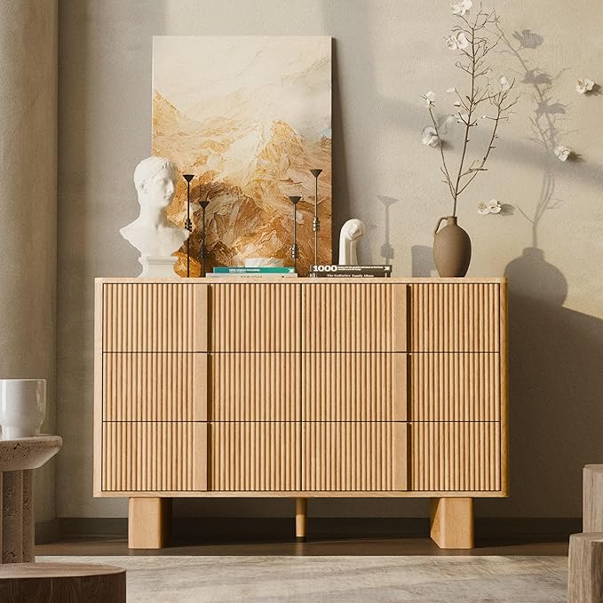 Fluted Dresser for Bedroom with 6 Drawers,47" Wide Modern Chest of Drawers with Wooden Handle, Wooden Dresser TV Stand, Wood Closet Clothes Storage Organizer for Living Room, Hallway, Light Oak