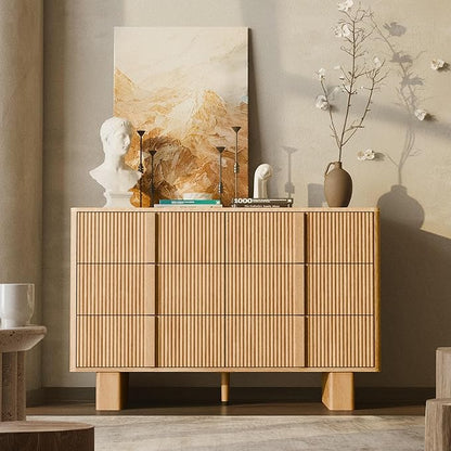 Fluted Dresser for Bedroom with 6 Drawers,47" Wide Modern Chest of Drawers with Wooden Handle, Wooden Dresser TV Stand, Wood Closet Clothes Storage Organizer for Living Room, Hallway, Light Oak