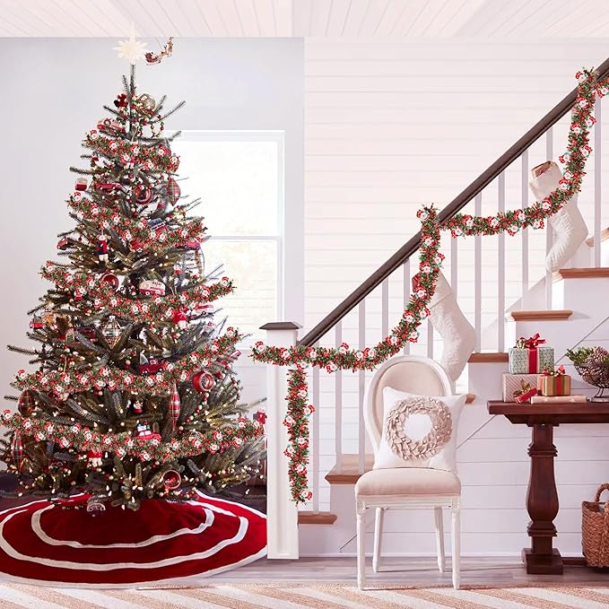 33FT Red Green Christmas Tinsel Garland with Santa Claus Ornaments Christmas Garland Christmas Decorations, Metallic Xmas Tree Garland Indoor Outdoor for Home Mantle Xmas Party Holiday Decor Gift